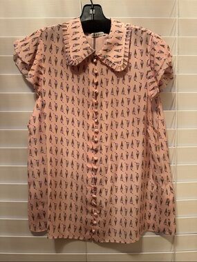 Alice + Olivia Pink Ice Cream Print Button-Front Blouse, XL NWT